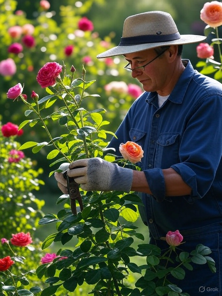 गुलाब की छंटाई करते हुए माली।